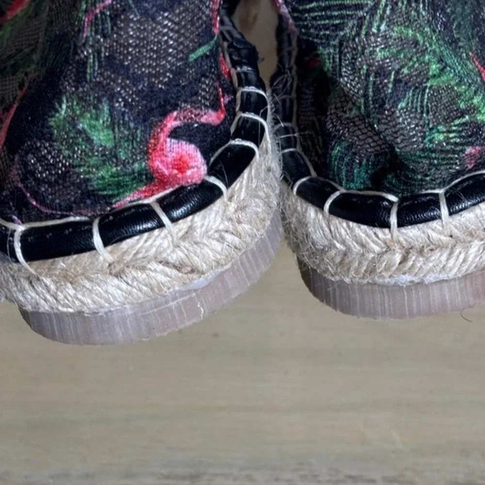 Mei Qi‎ Yi Ku Women Flamingo Tropical Lace Mesh Espadrille Flats Black Green 39